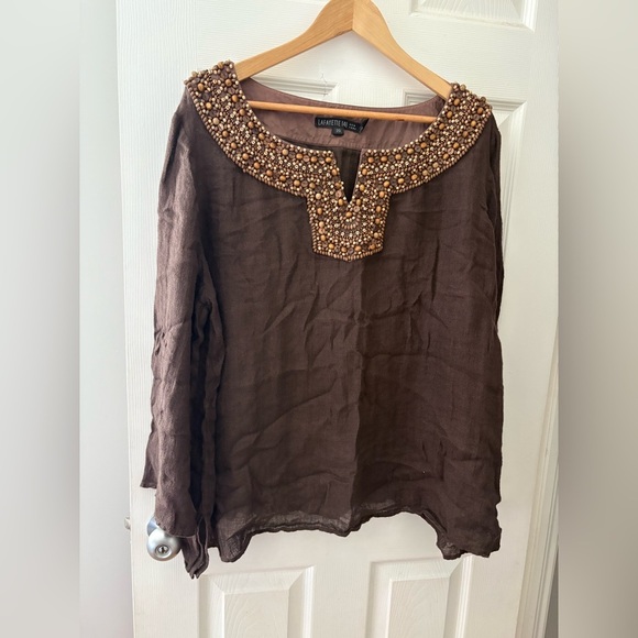 Lafayette 148 brown linen beaded neck line long sleeve plus size 20 - Picture 1 of 11